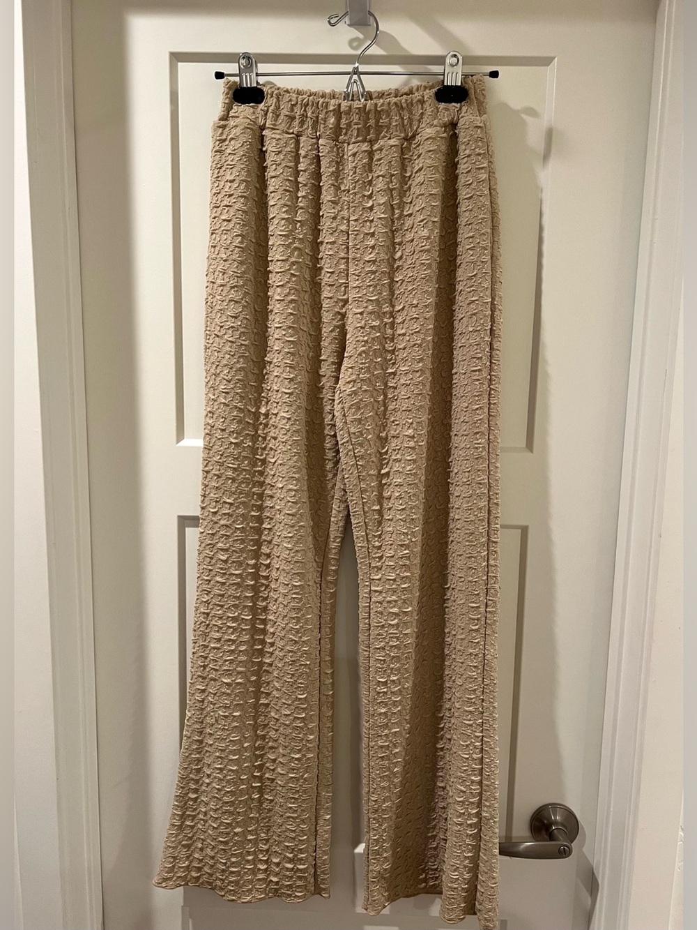 Hem & Thread Beige Wide-Leg Textured Knit Pants